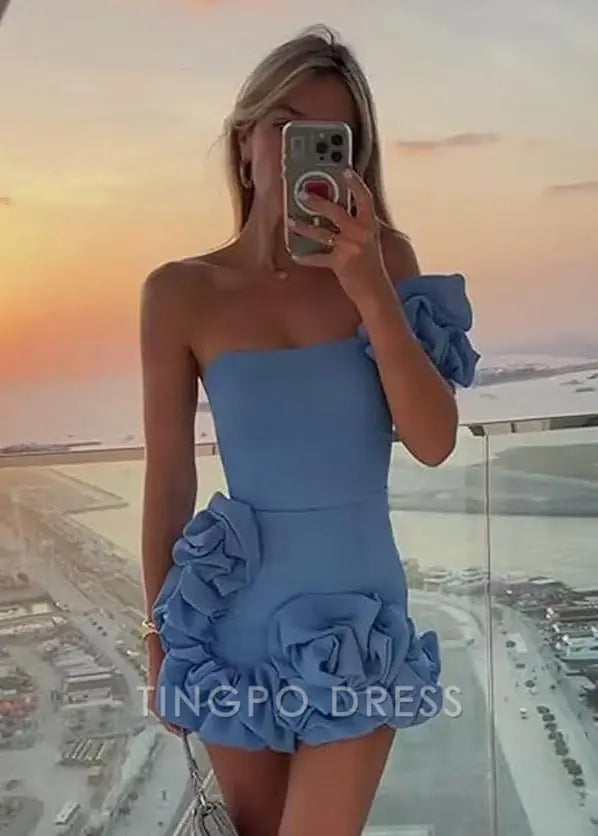 Elegant One - Shoulder Ruffle Mini Dress with Lace - Up Back Prom Dress